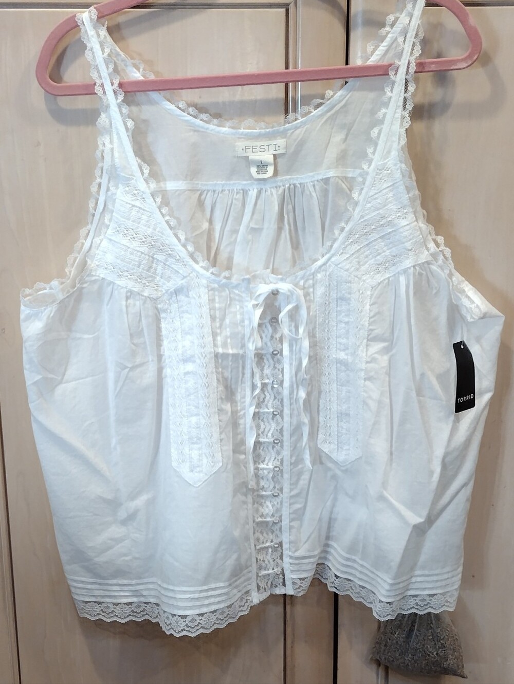 Festive White Lace-Trim Cotton Camisole